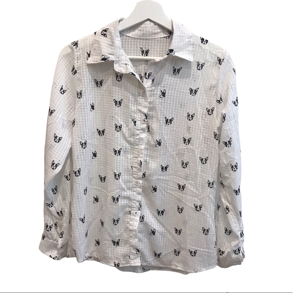 French Bulldog Sheer Collar Long sleeve button down top